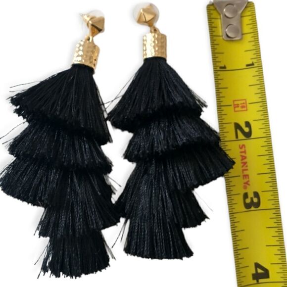 Black Tassel Dangle Earrings Witchy Gold Tone Lightweight Gypsy Boho Hippie Goth - Picture 2 of 16